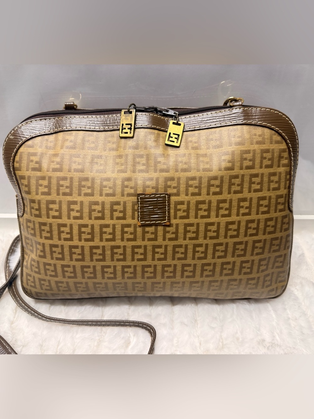 FENDI Zucchino FF Double Zip Shoulder Crossbody Bag